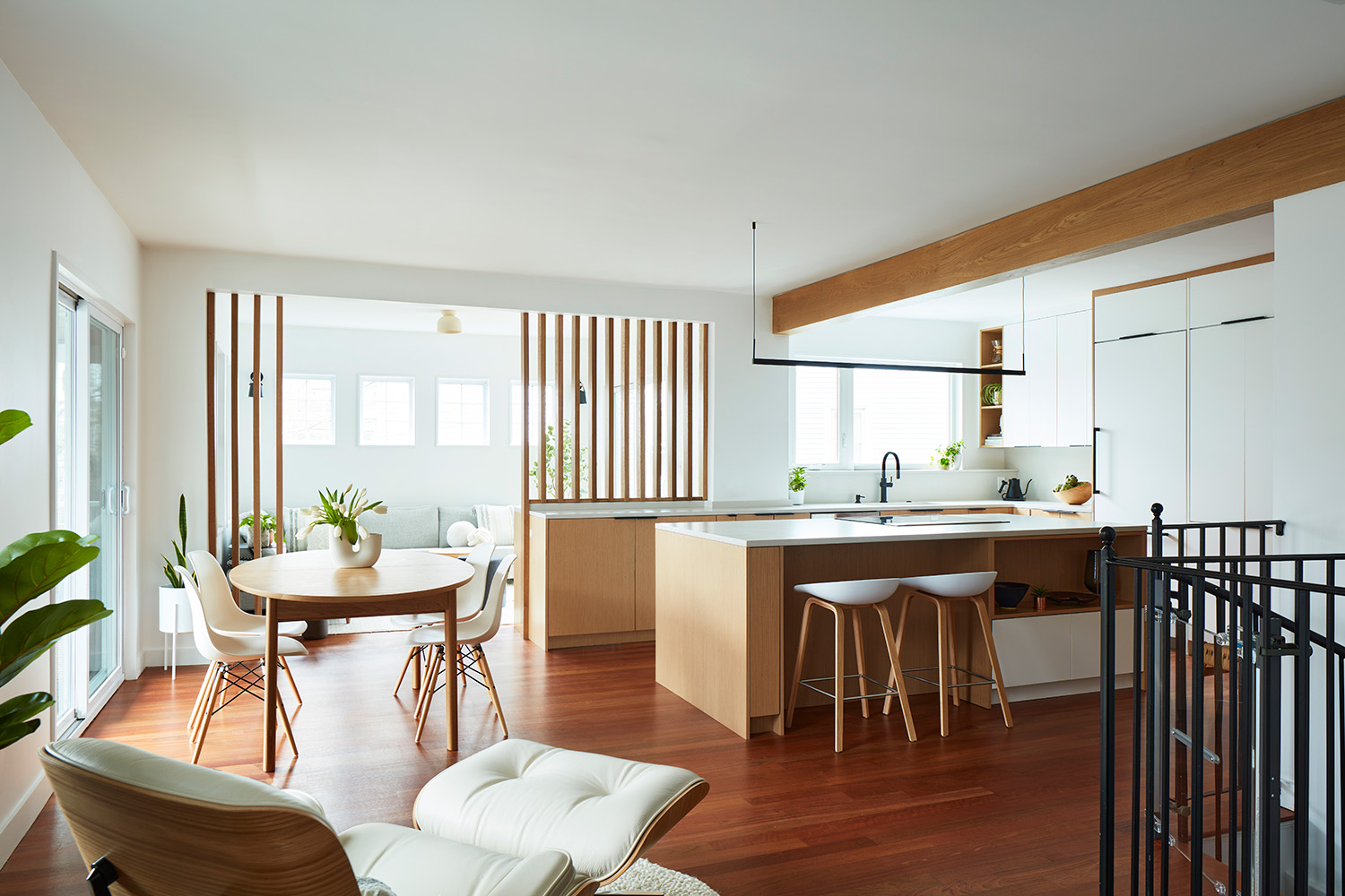 Light Oak Wood Veneer and Acrylic Matte White cabinetry